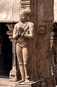 The great Chola temples of Tamil Nadu - The Brihadishwara Temple of Thanjavur. Decorations of the pillar of the  pavilion of Nandi. 